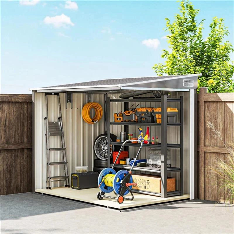 CAPANNO ATTREZZI IN METALLO 1.5X2M CON BASE, PORTA SCORREVOLE E TETTO INCLINATO, GRIGIO CHIARO