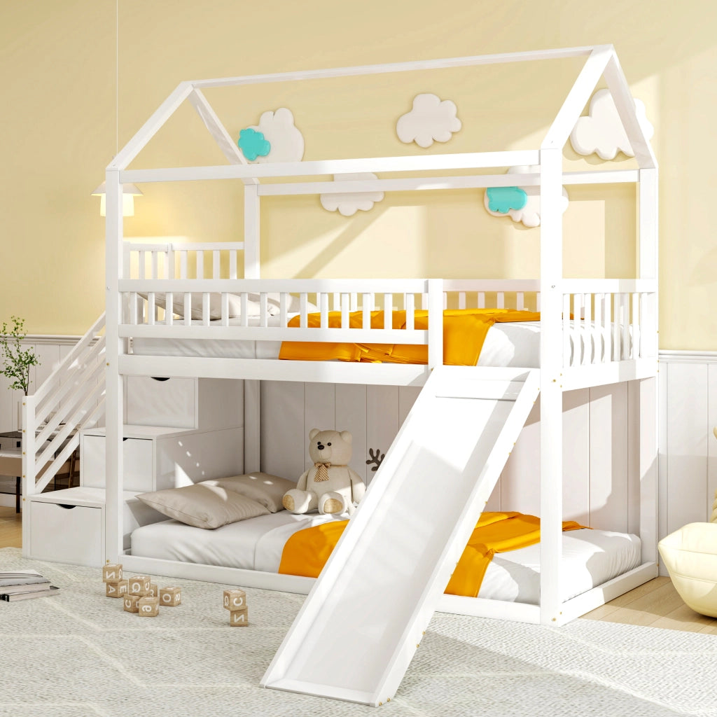 OKWISH Letto a Soppalco 90×200 cm, Letto Singolo con Scivolo, Scala Contenitore e Sponde Alte, senza Materasso, Bianco