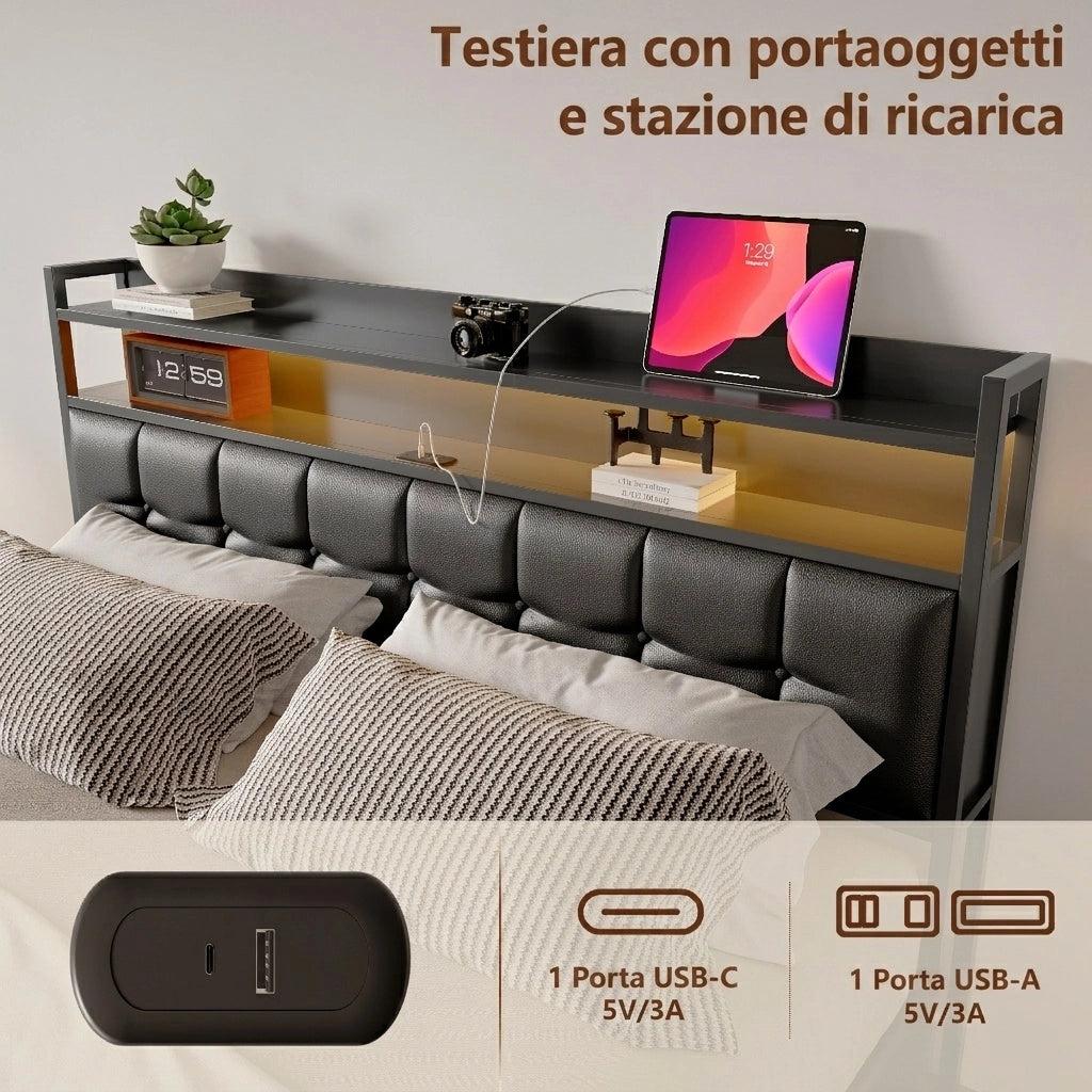 Letto matrimoniale 160x200 cm con contenitore LED USB testiera struttura letto MDF e PU - nero