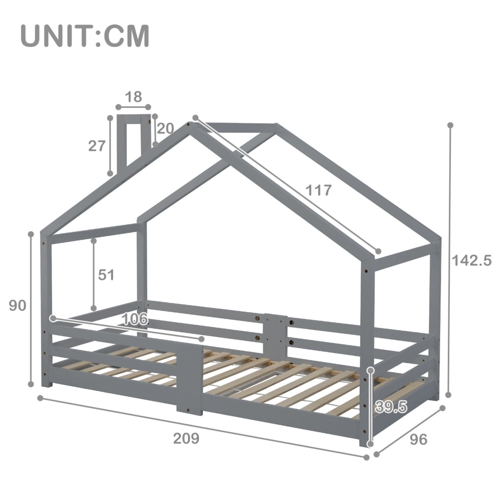 Lettino a casetta per bambini 90x200 cm in legno massello di pino; grigio