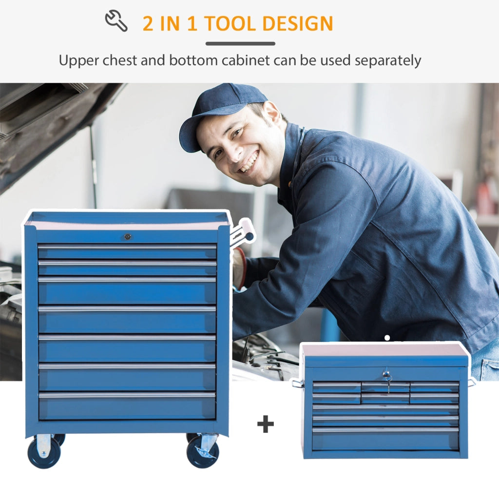 Carrello portautensili, carrello da officina, carrello con ruote e 4 cassetti, blu, mobile e stabile, ideale per garage e officina