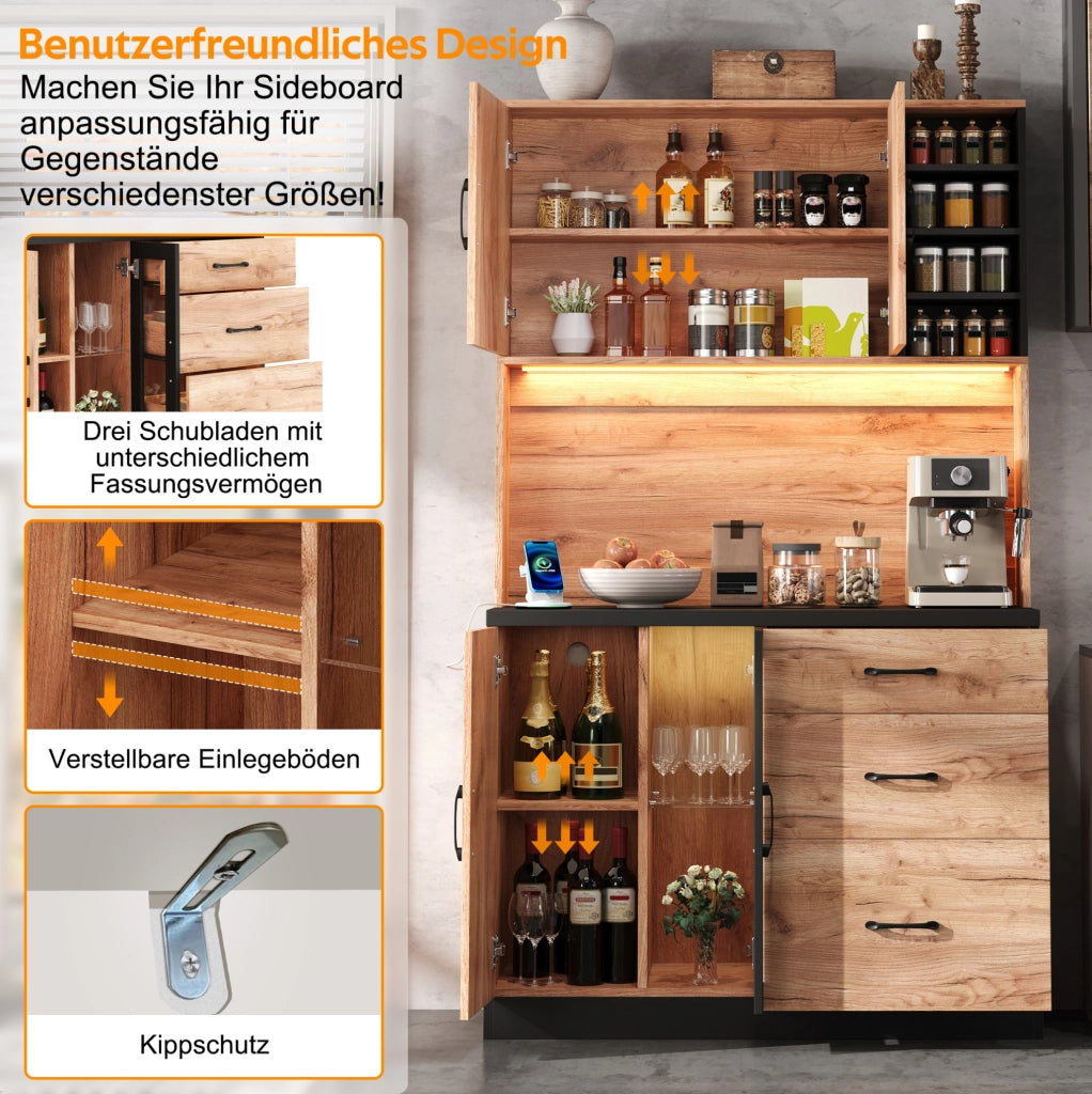 Credenza alta da cucina 105x40x180 cm in MDF; finitura effetto legno e nero con LED e prese EU