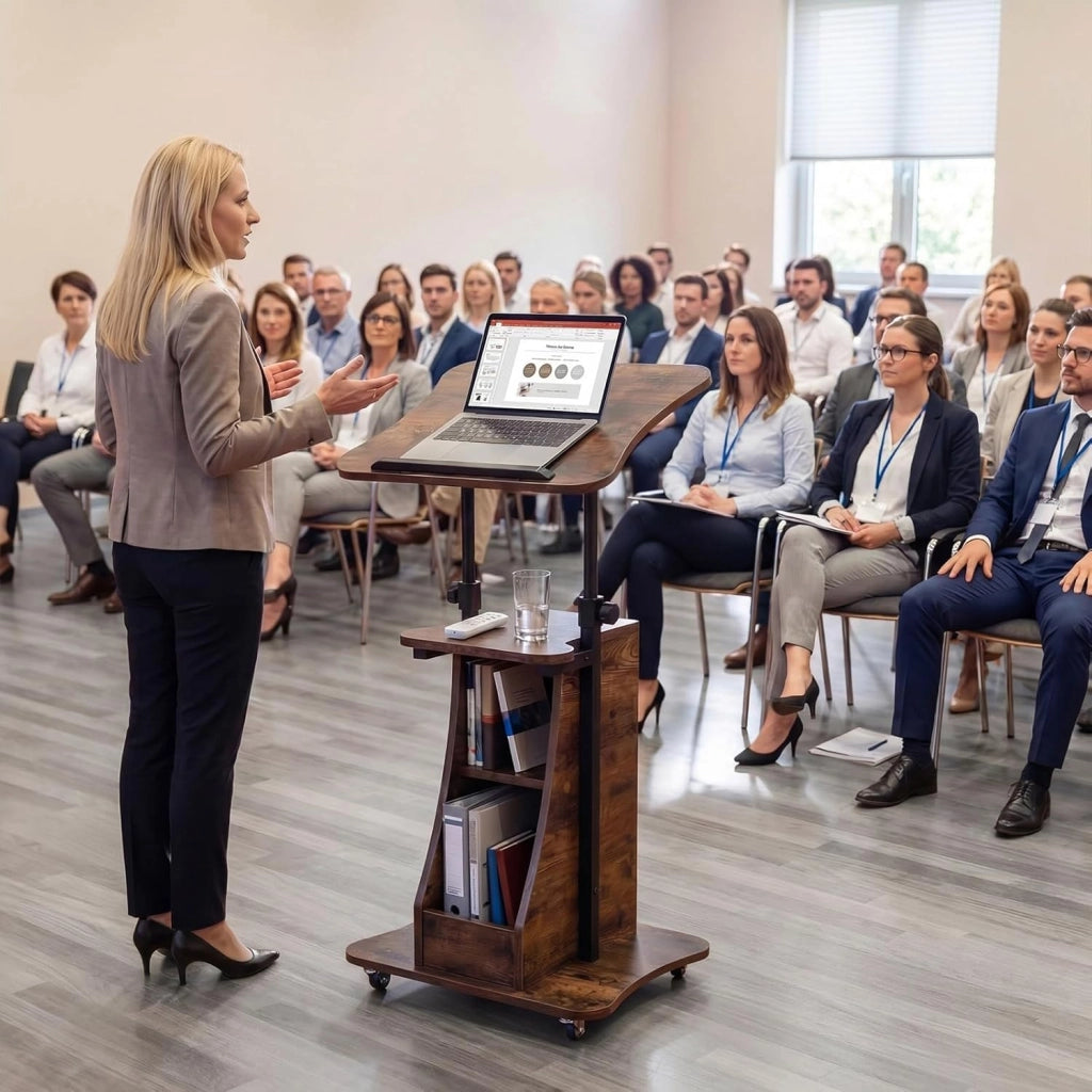 Leggio per Oratori, Podio per Conferenza con Ruote Bloccabile, Altezza Regolabile, Piano Ribaltabile e Armadietto Aperto, Leggio da Pulpito in Legno per Aula, Ufficio e Seminario (Marrone)