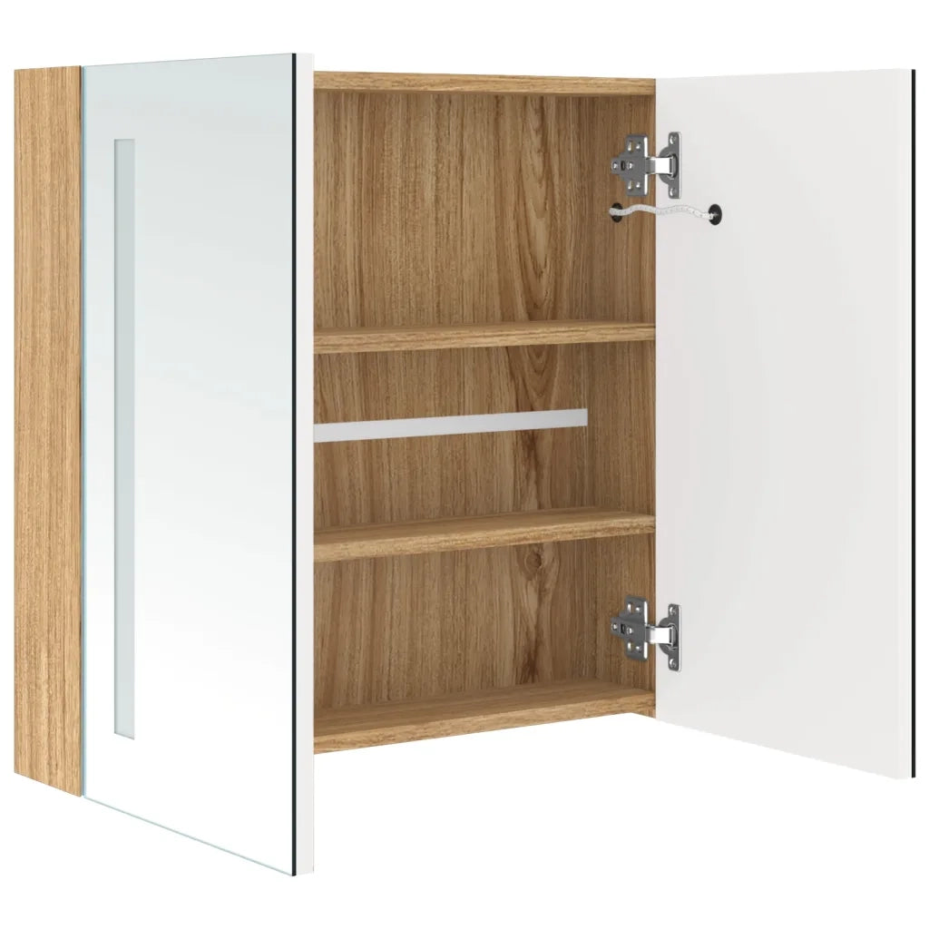 Armadietto Bagno con Specchio e LED-Mobiletto a specchio Bianco e Rovere 62x14x60 cm