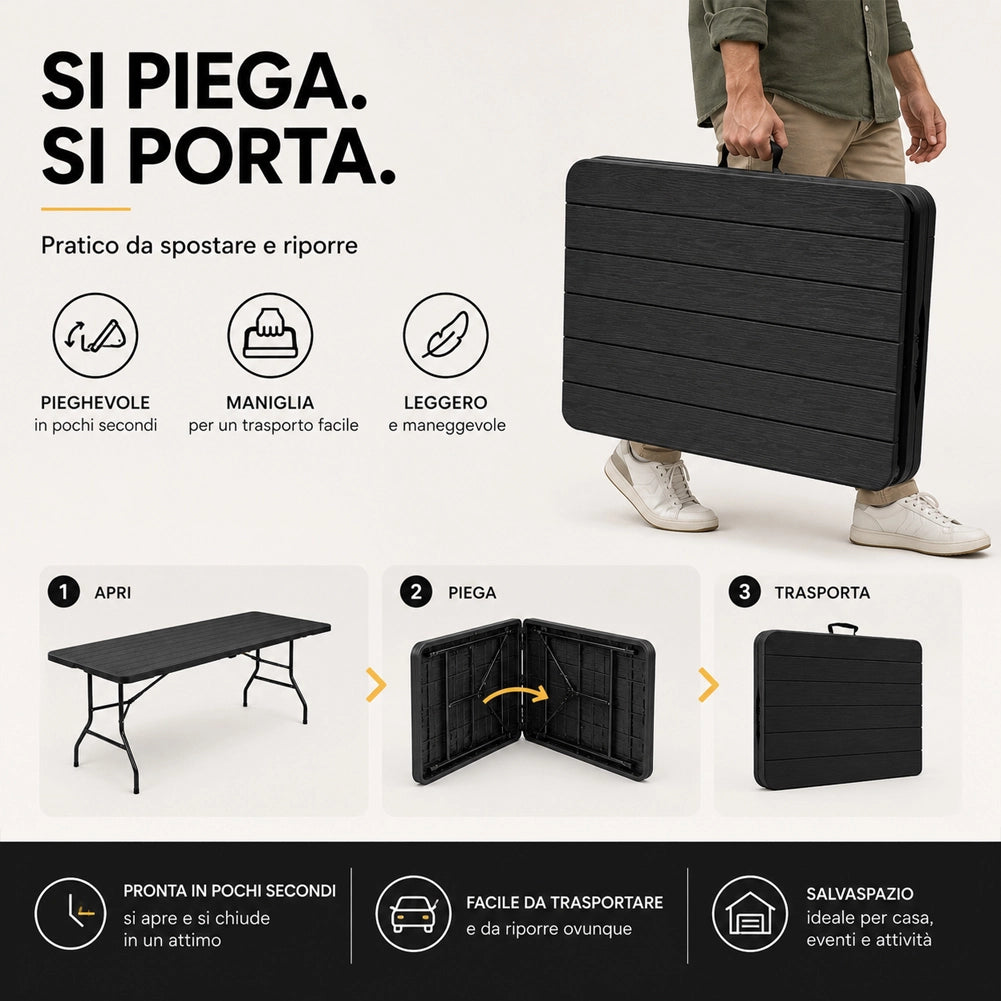 Tavolo Pieghevole Nero Effetto Legno Resistente Tavolino da Esterno 180x74x74cm