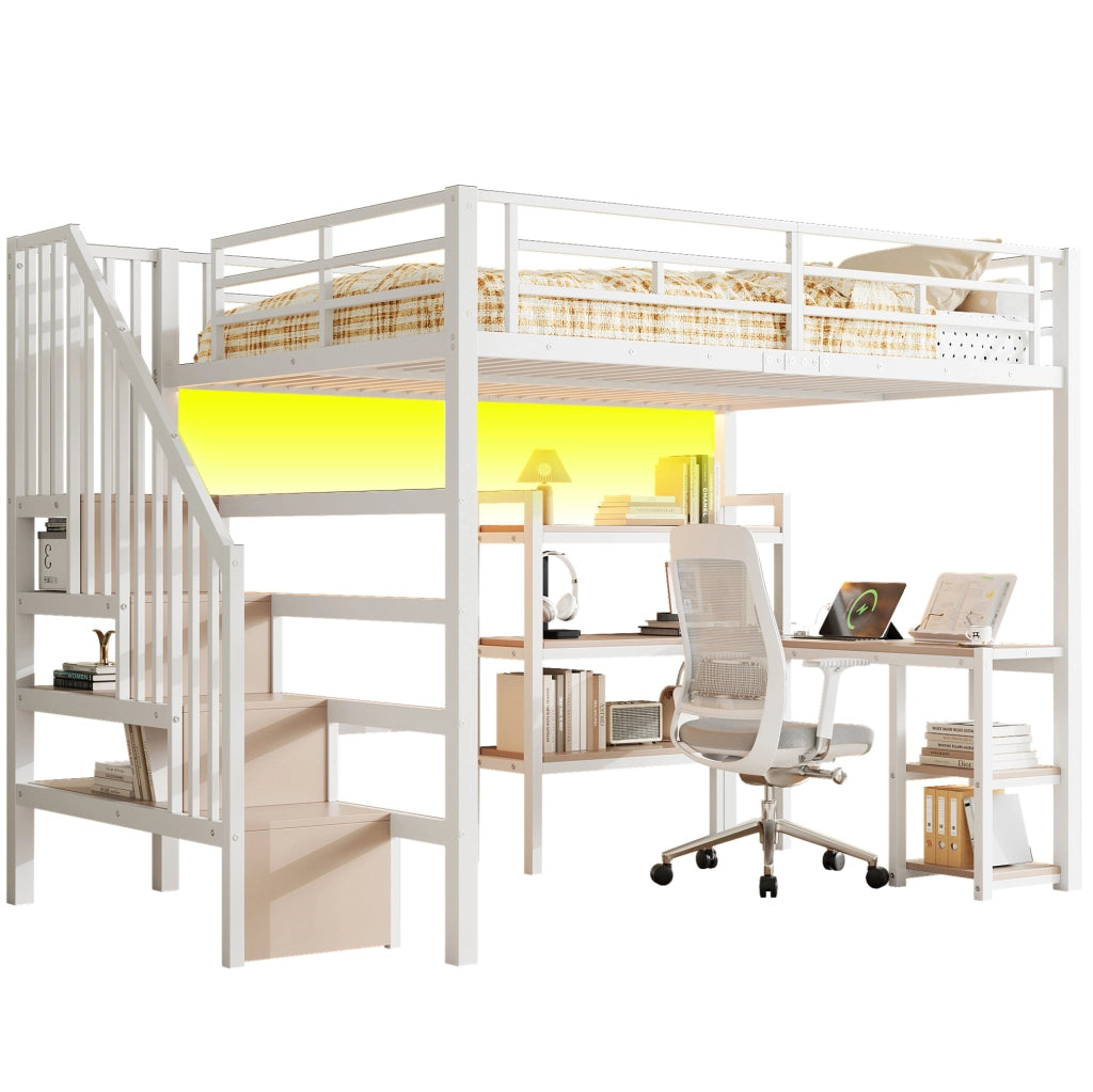 Letto a soppalco in metallo 140x200 cm con scala; scrivania integrata; ripiani e LED; bianco