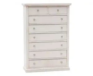 cassettiera 6+2 settimino Shabby chic in legno laccato bianco anticato con ferramenta argento anticato