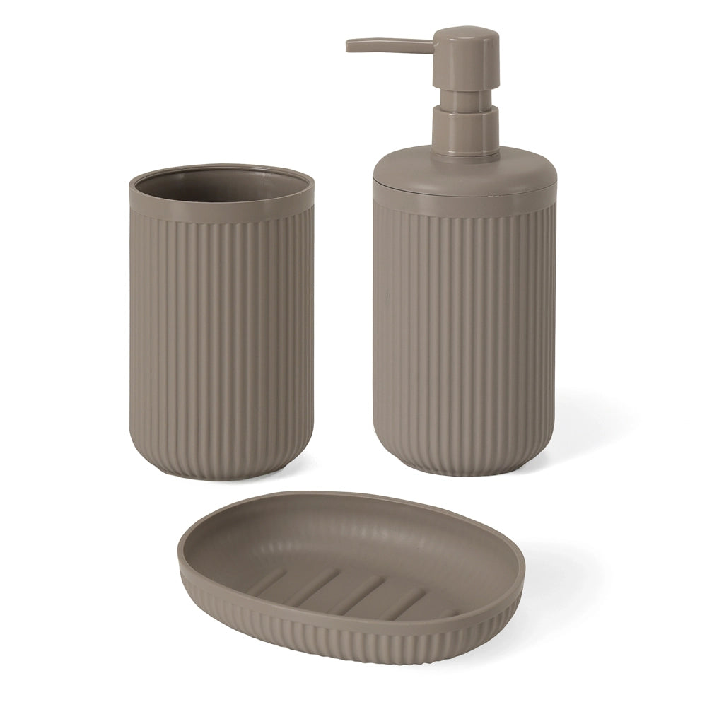 Set accessori bagno 3 pz con dispenser portaspazzolino e portasapone tortora cannettato Arizona