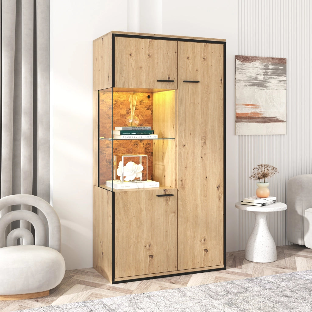 Vetrina con 1 Anta in Vetro; 3 Ripiani Regolabili e LED 15 Colori; Stile Moderno; in MDF; Naturale; 77;5¡Á40¡Á150 cm