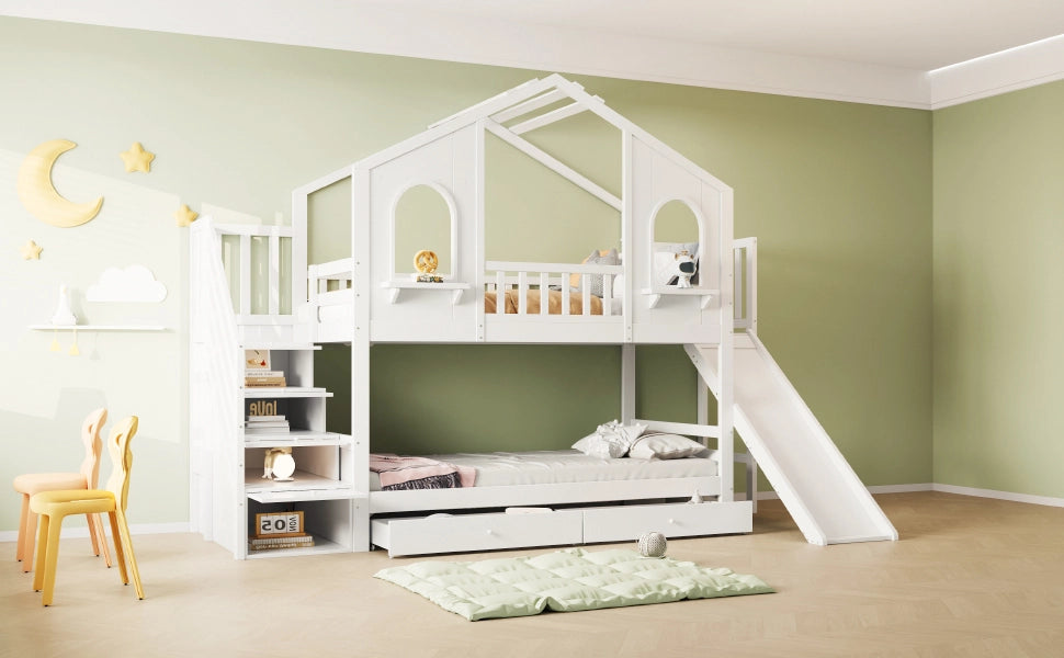 DESMIU Letto a castello per bambini 90 × 200 cm con scivolo, scala contenitore e 2 cassetti, senza materasso, in legno, bianco