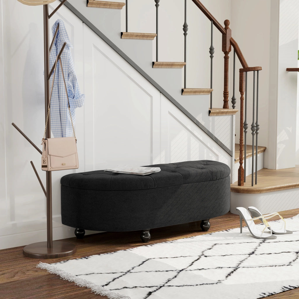 Panca contenitore imbottita in velluto grigio scuro, 120x46x42 cm, con seduta confortevole e gambe in legno