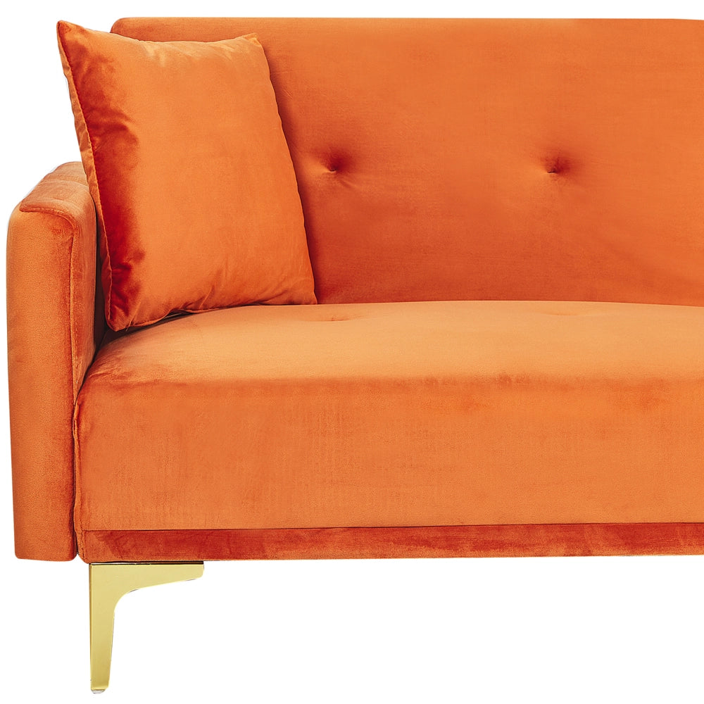 Moderno Divano Letto a 3 Posti Rivestito in Velluto Arancione Piedini Cromati