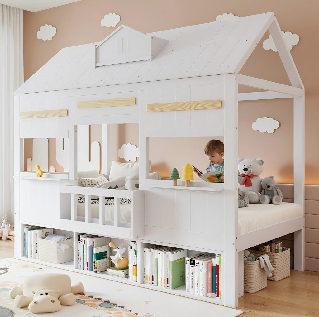 Letto a soppalco per bambini bianco con libreria 90x200 cm