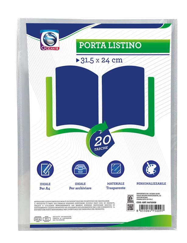 MAURY'S PORTA LISTINO CON 20 TASCHE 31,5 X 24 CM TRASPARENTE PERSONALIZZABILE