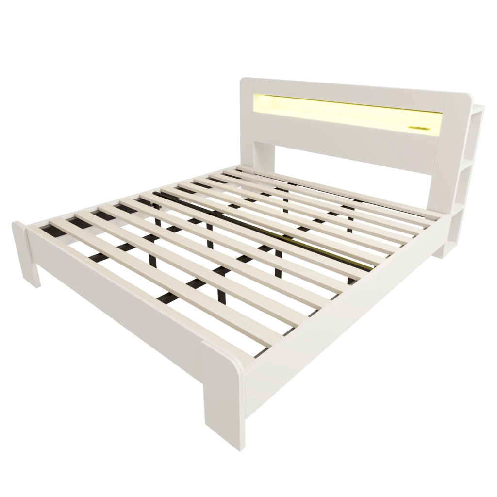 Letto con piattaforma 180x200 mm illuminazione a LED prese elettriche con vani portaoggetti legno bianco