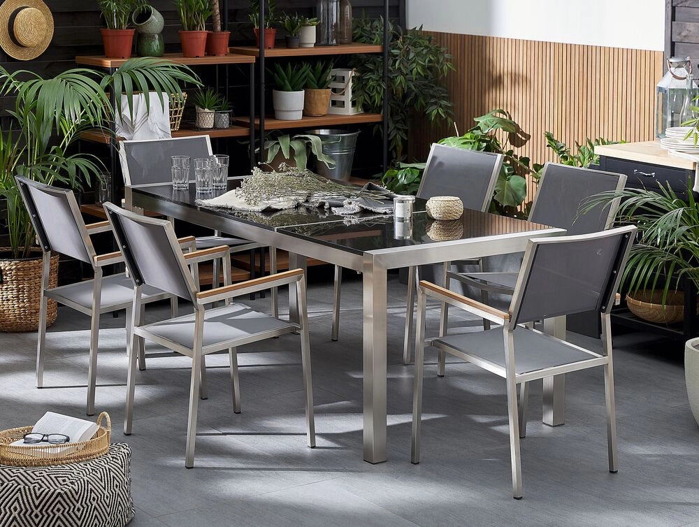 Set da Giardino Tavolo Piano Granito Nero 6 Sedie Grigie 180 x 90 cm