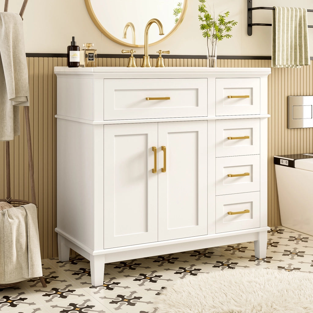 Mobile sottolavabo con lavandino in ceramica, 2 ante e 5 cassetti, per bagno, in MDF e ceramica, bianco, 90 × 46 × 87 cm