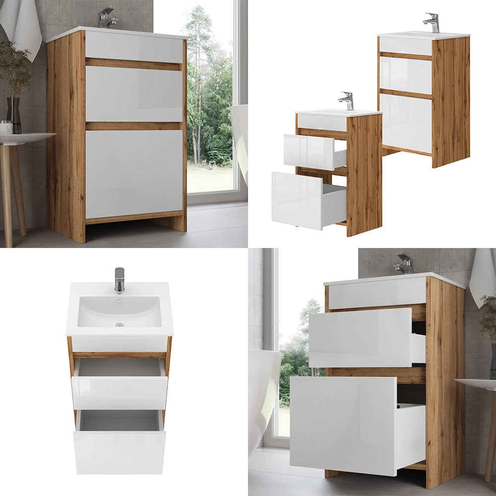 Vicco Set mobili bagno Quercia dorata 2 parti, con lavabo e 2 cassetti