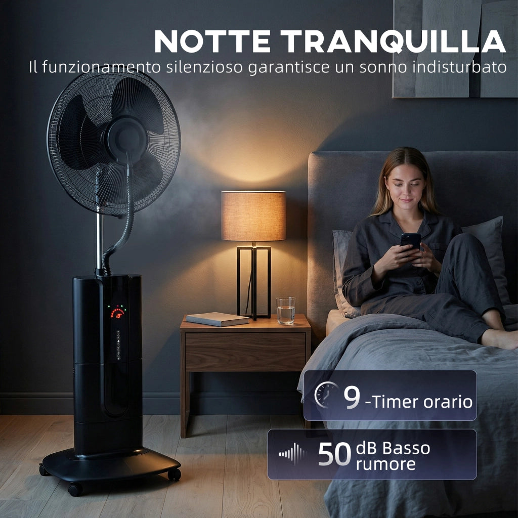 Ventilatore a Piantana 3 in 1 Oscillante con Nebulizzatore d'Acqua, Telecomando e Timer 9h, 45x38x130 cm, Nero