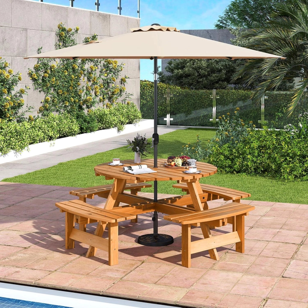 Tavolo da Picnic per 8 Persone con Foro per Ombrellone, Tavolo con Panche in Legno di Abete, Set da Giardino Esterno per Bar, Agriturismo, Sagra, Patio, Balcone, φ179 x 70 cm (Giallo)