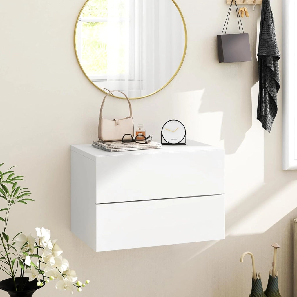 Comodino Camera da Letto Sospeso, Comodino in Legno con 2 Cassetti Salvaspazio, Comodino per Cameretta Moderno da Parete, per Soggiorno, 42 x 30 x 28 cm (Bianco)