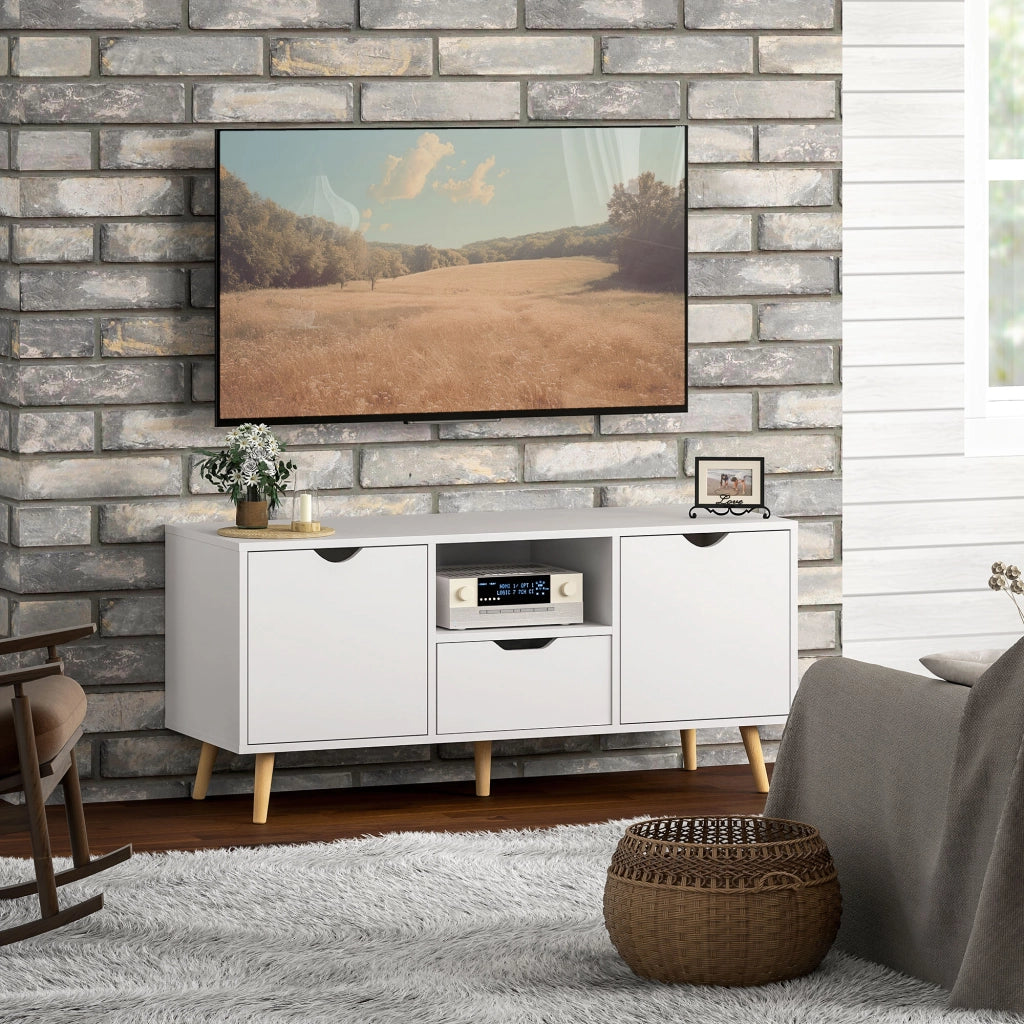 Mobile Porta TV max 50" con Cassetto, Ripiano Aperto e Armadietti, 110x40x50 cm, Bianco e Legno