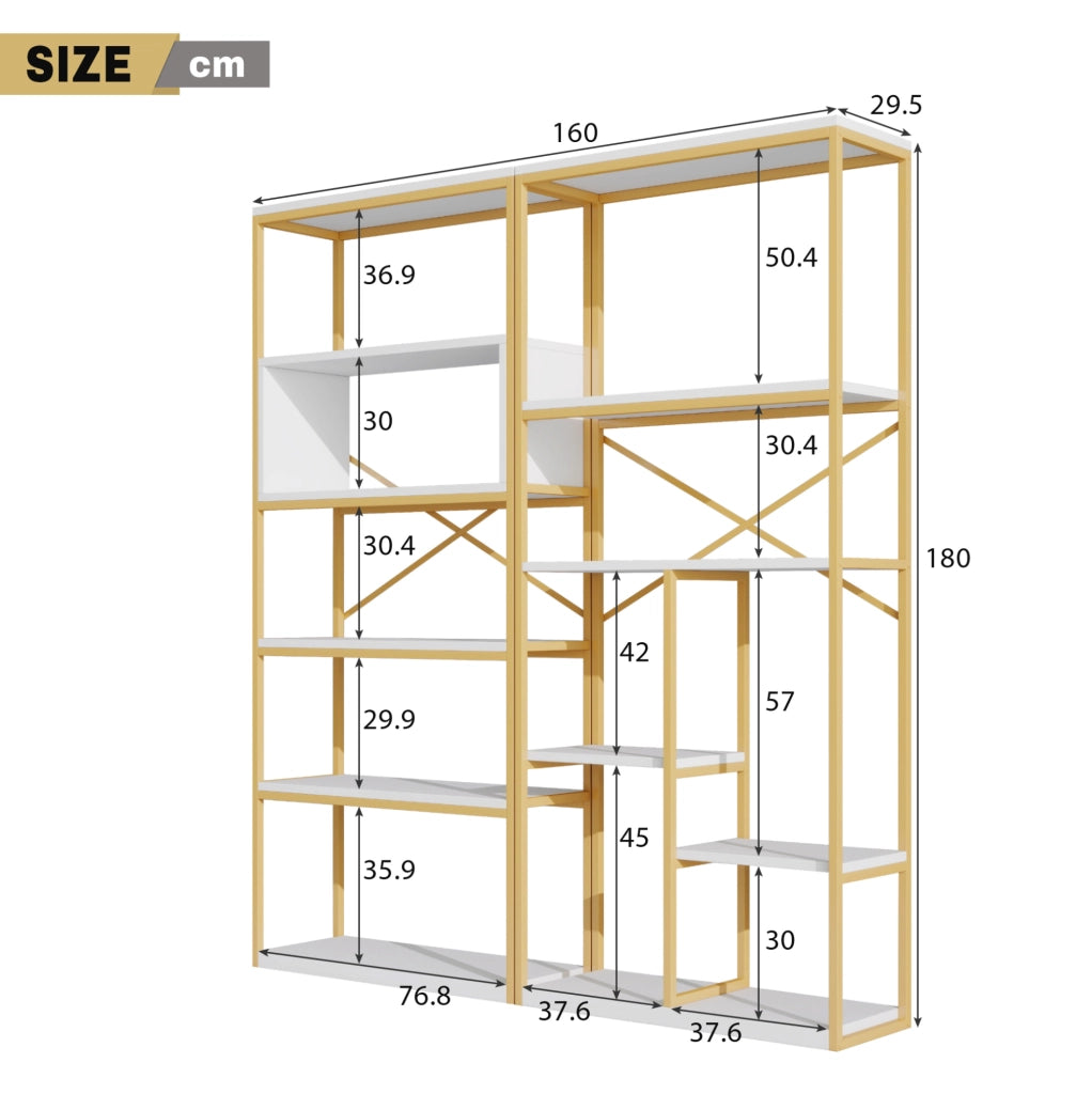 Libreria 160x29，5x180 cm in MDF e metallo oro e bianco