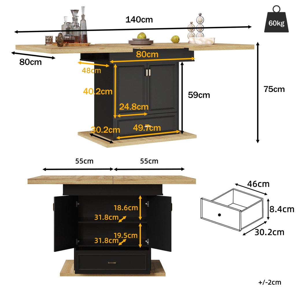Tavolo allungabile da pranzo con 2 ante, 1 cassetto e ripiani regolabili, per cucina e soggiorno, 110 × 80 × 75 cm