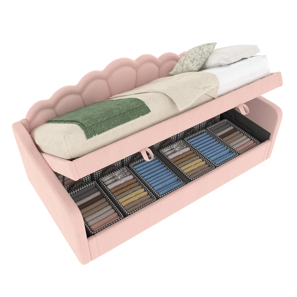 OKWISH Letto Divano 90×200 cm, Letto Singolo con Contenitore, LED Multicolore e Telecomando, senza Materasso, in Velluto, Rosa