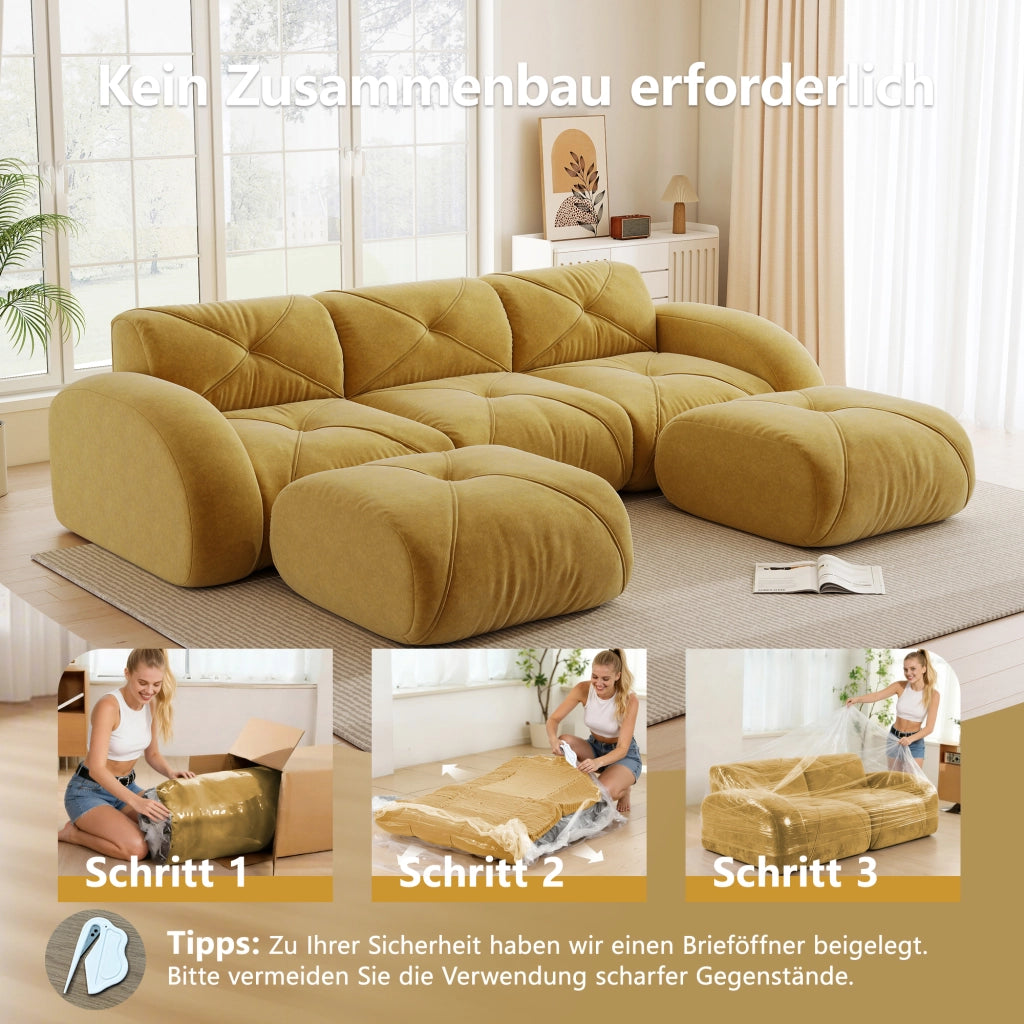 Divano panoramico a U modulabile 3 posti senza struttura con 2 pouf in ciniglia gialla