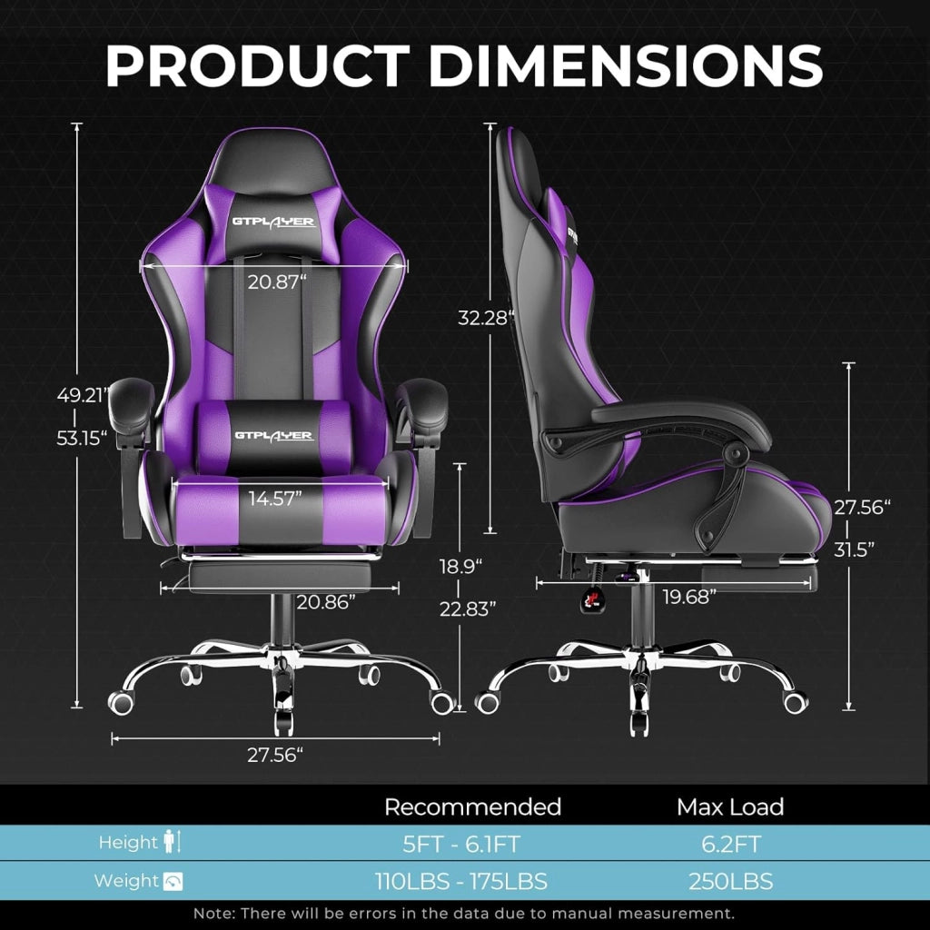 Sedia da Gaming, Ergonomico Sedia da Ufficio, con Massaggiante poggiapiedi e supporto lombare, Schienale Regolabile 90-135°, Portata 150 kg, sedia per computer, Viola