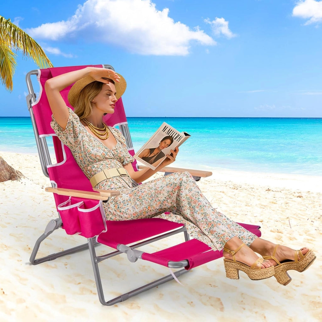 Sedia da spiaggia reclinabile con foro per il viso, sdraio pieghevole con schienale regolabile in 4 posizioni e poggiapiedi a 2 posizioni, lettino da giardino esterno, bagno di sole (rosso)