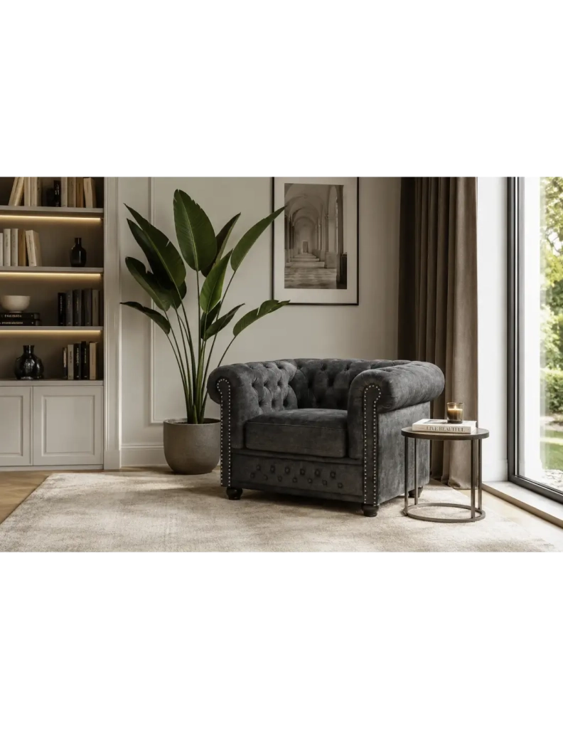 Poltrona EDGAR Chesterfield in velluto trapuntato - Grigio chiaro - 109 x 72 x 86 cm