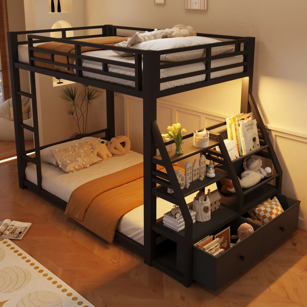 Letto a castello 90x200 cm con LED; legno e metallo nero