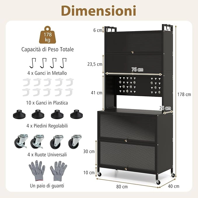 Credenza Alta per Cucina con 6 Ripiani e 4 Ante a Ribalta Traslucide, Mobile Cucina con Ruote e Panello a Ganci, Armadio Cucina Porta Microonde (80 x 40 x 178 cm,Nero)