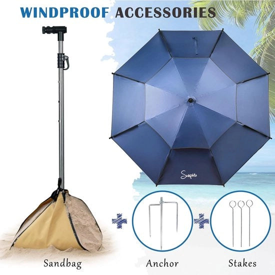 Parasole da spiaggia 220 cm Resistente al vento e protezione UV 50+ Grande ombrello da viaggio Leggero e portatile con piede di base