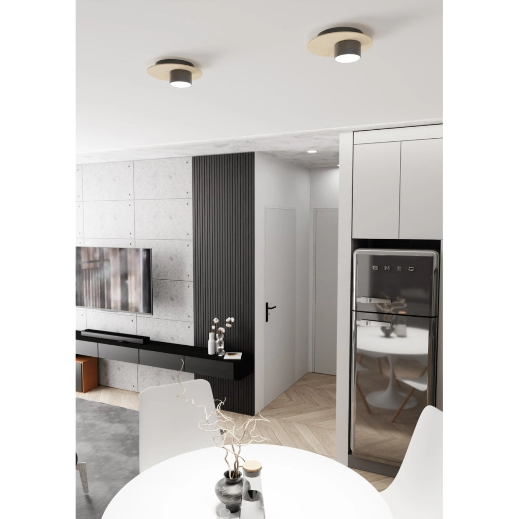 Faretto a soffitto PIXO in acciaio nero e legno naturale