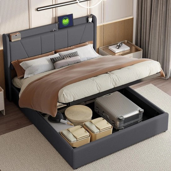 Letto a due posti con illuminazione LED con porta USB e USB-C, spazio di stoccaggio sotto il letto, cassetti di stoccaggio.