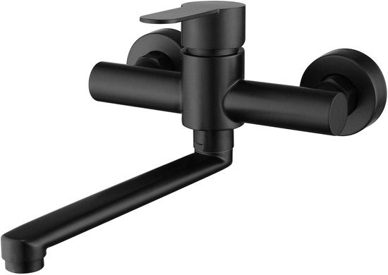Kraan a 360° rotante per cucina, installazione a parete, miscelatore, rubinetto a parete, miscelatore singolo, acciaio inossidabile, scarico lucidato in nero 225 mm