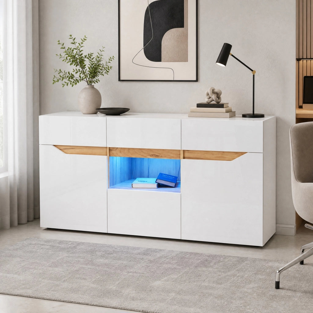 Sideboard soggiorno 140 x 40 x 70 cm con 4 cassetti, 2 ante, LED smart, finitura bianco e legno