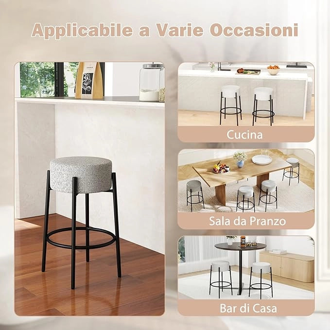 Sgabello da Bar 48 x 48 x 68 cm, Sedia da Pranzo con Seduta Imbottita e Base in Metallo, Sgabello Imbottito inTessuto di Lino per Isola della Cucina e Sala da Pranzo, Grigio