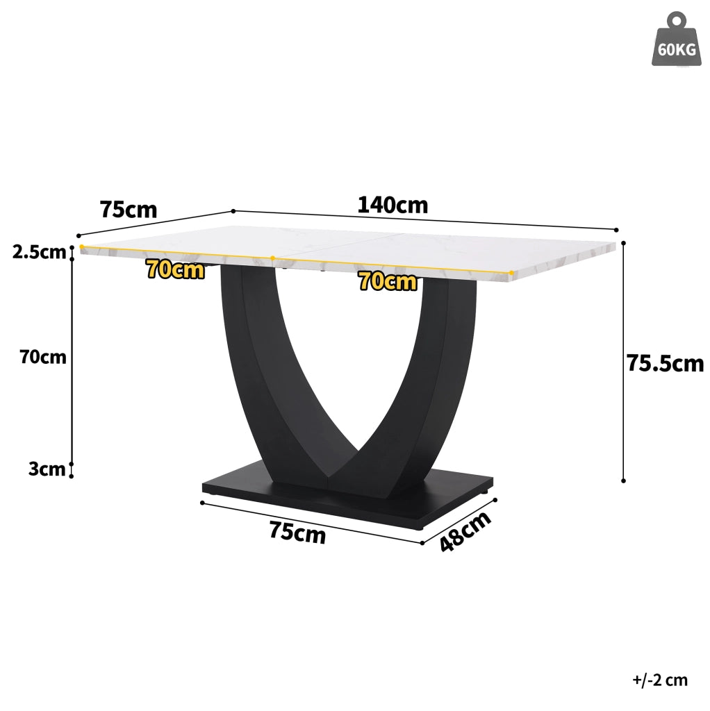 Tavolo da pranzo 140x75x75.5 cm rettangolare con piedini regolabili; MDF e metallo bianco e nero