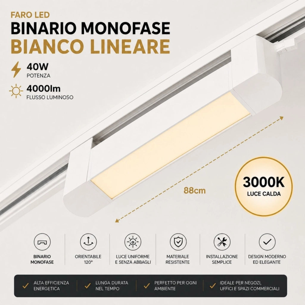Faro Led Binario Monofase, Bianco Lineare 88cm 40W 4000lm 120° Orientabile, Disponibili 3000K 4000K (Bianco Caldo 3000K)