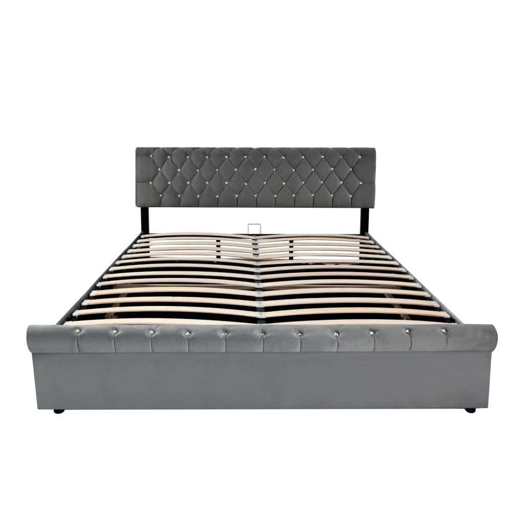 Letto imbottito 160x200 cm in velluto grigio con contenitore e testiera regolabile