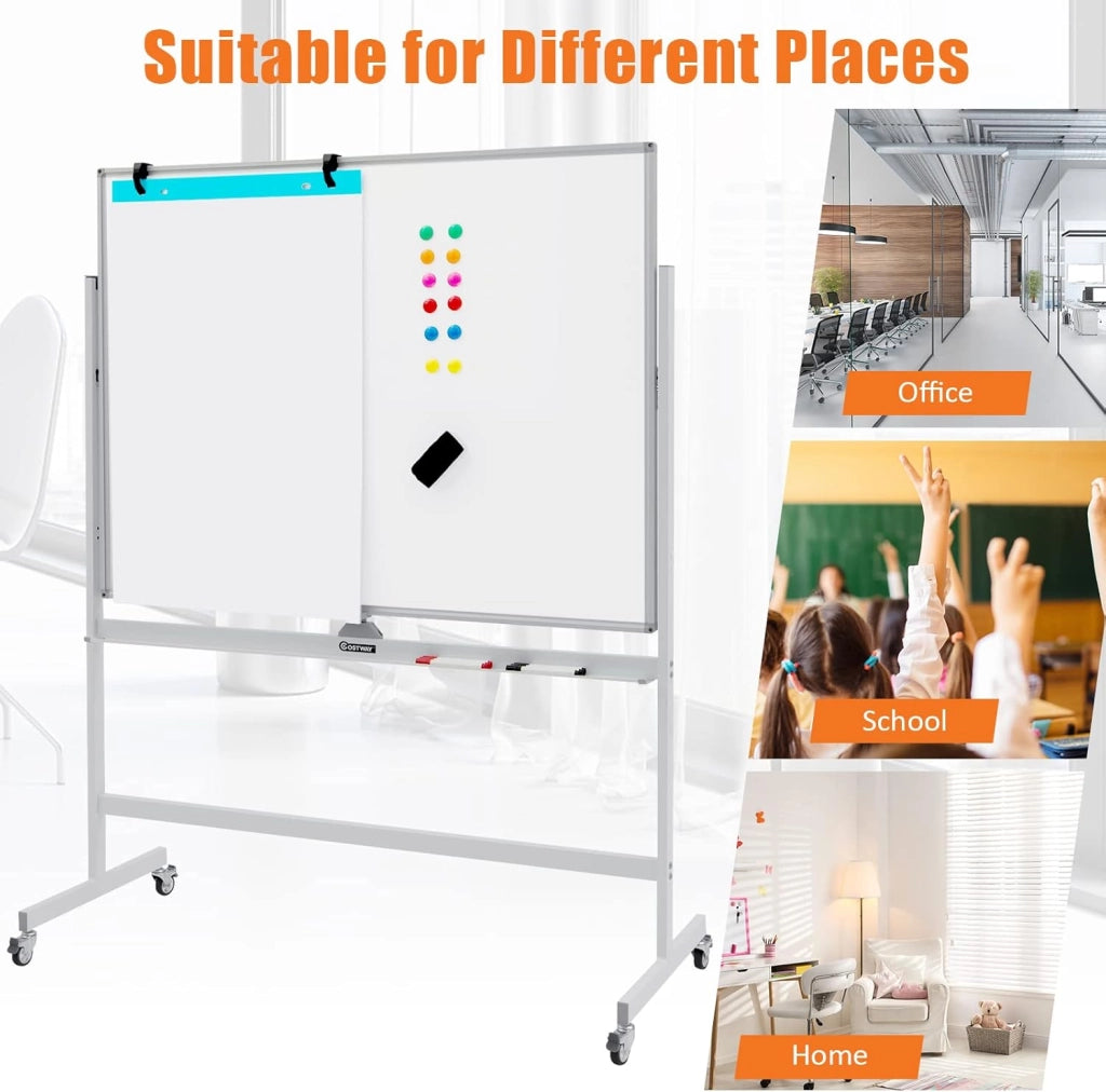 Lavagna Bianca Mobile con Supporto, 120 x 90 cm, Lavagna Magnetica Double Face, Regolabile in Altezza e Girevole a 360° (Bianco)