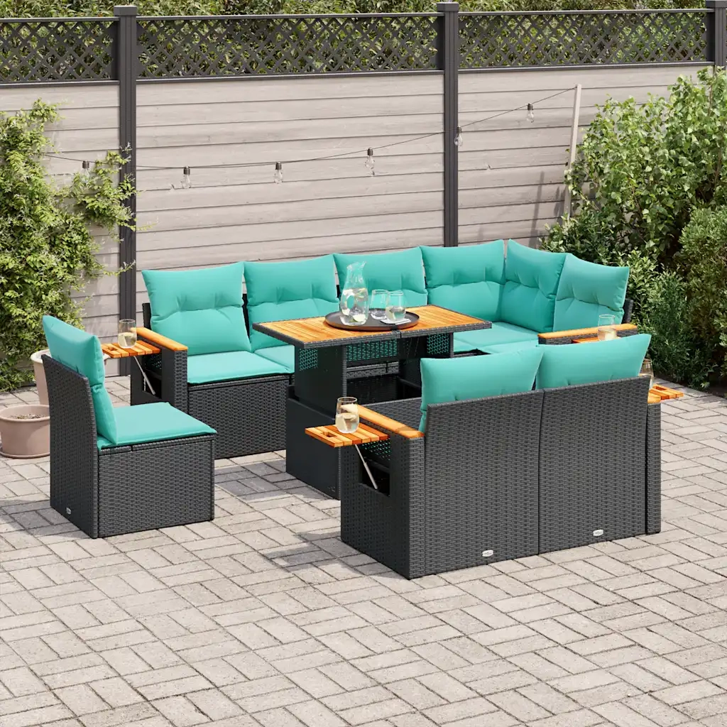 Set Divani da Giardino 9 pz con Cuscini Nero Polyrattan Acacia