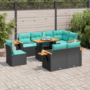 Set Divani da Giardino 9 pz con Cuscini Nero Polyrattan Acacia