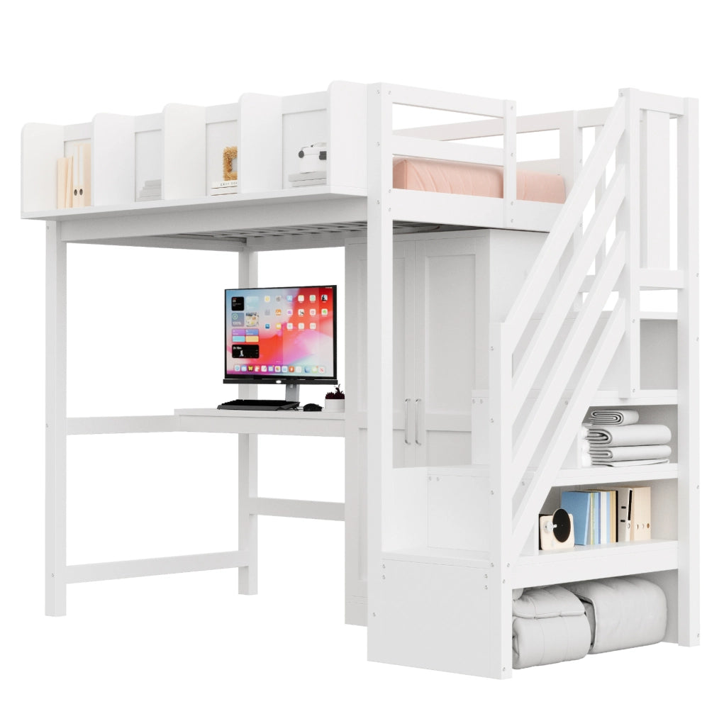 Letto a soppalco 90x200 con scrivania, armadio e scala contenitiva