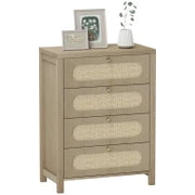 Cassettiera 4 cassetti in stile boho con ante in resina intrecciata, 70x38x93 cm, Legno Naturale