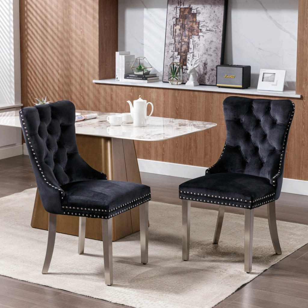 Sedie da Pranzo Imbottite in Velluto con Gambe in Metallo ¨C MINIMAL ¨C Set 2 Pezzi, Nero